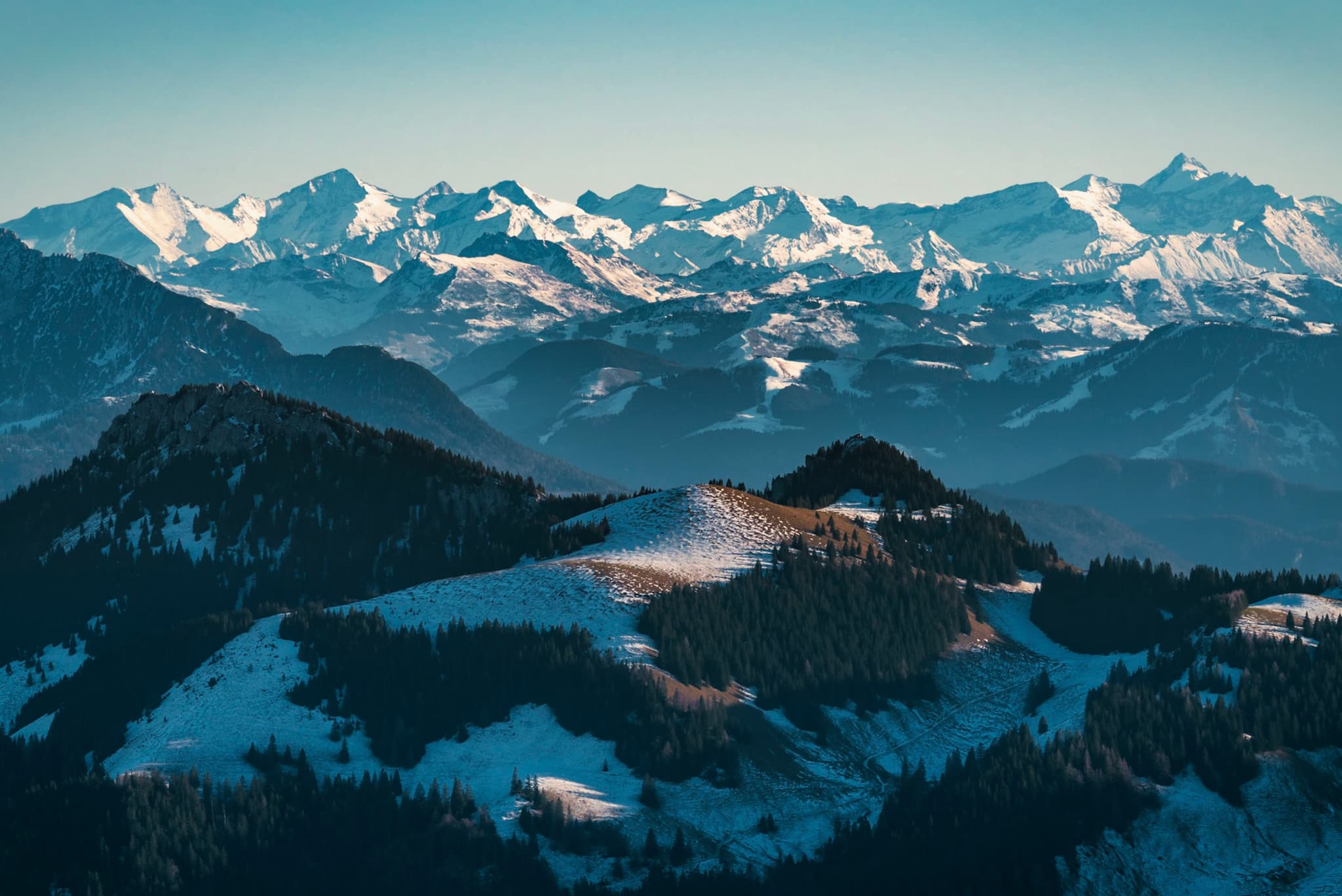 A scenic view of snow-capped mountains under a clear blue sky, with forested hills in the foreground