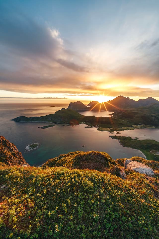 A breathtaking sunset over a coastal landscape with rugged mountains, calm water, and a foreground of lush green vegetation