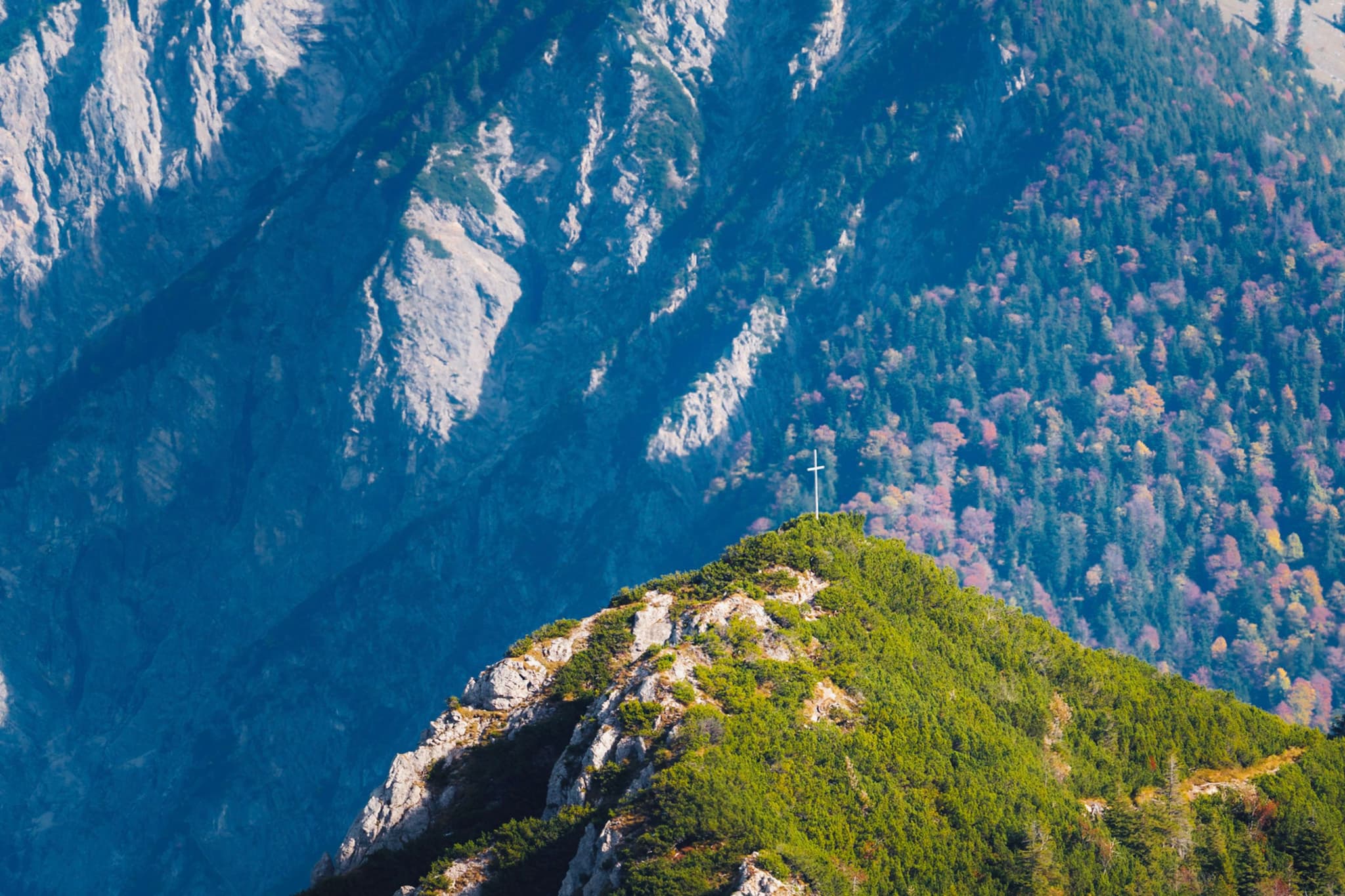 Steep green ridge in bright sunlight descending into a deep forested valley beneath towering rocky mountains