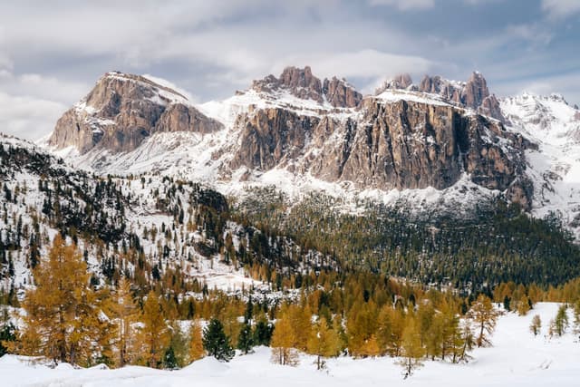 A snowy mountain range with rugged peaks, surrounded by a forest of evergreen and golden-leaved trees under a partly cloudy sky