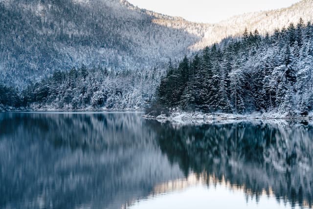 A serene winter landscape with snow-covered trees reflected in a calm lake, surrounded by mountains