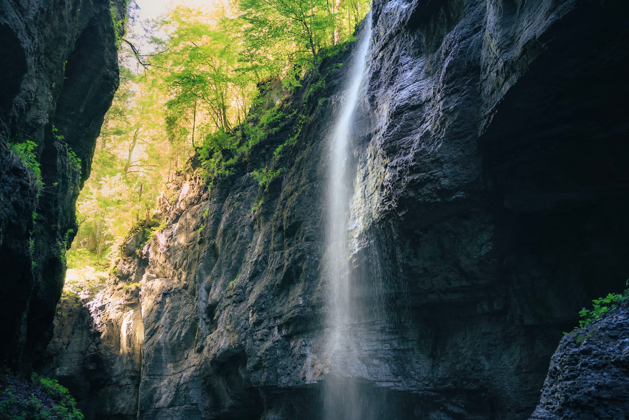 Tall waterfall dropping between steep rock walls into a narrow canyon with sunlit trees above