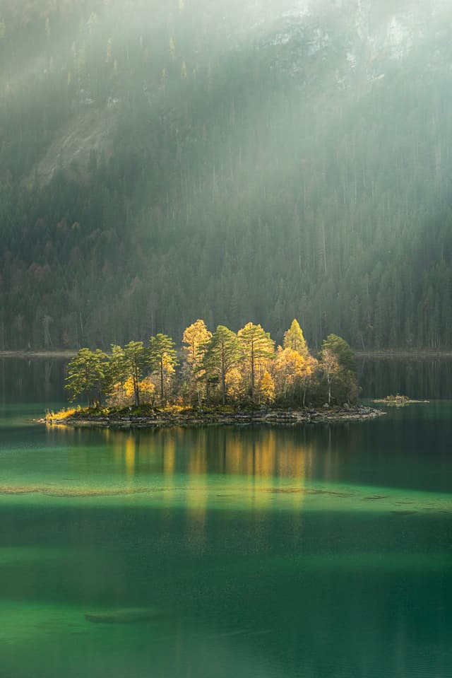 A small, tree-covered island surrounded by calm, green water with sunlight streaming through a misty atmosphere