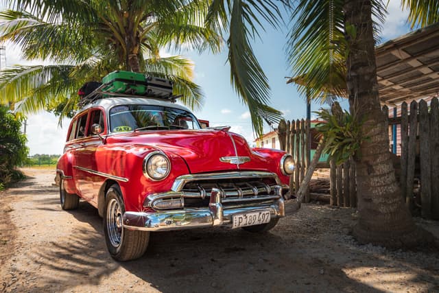 Vintage red car loaded with luggage parked under palm trees on a sunny tropical dirt road beside rustic wooden buildings