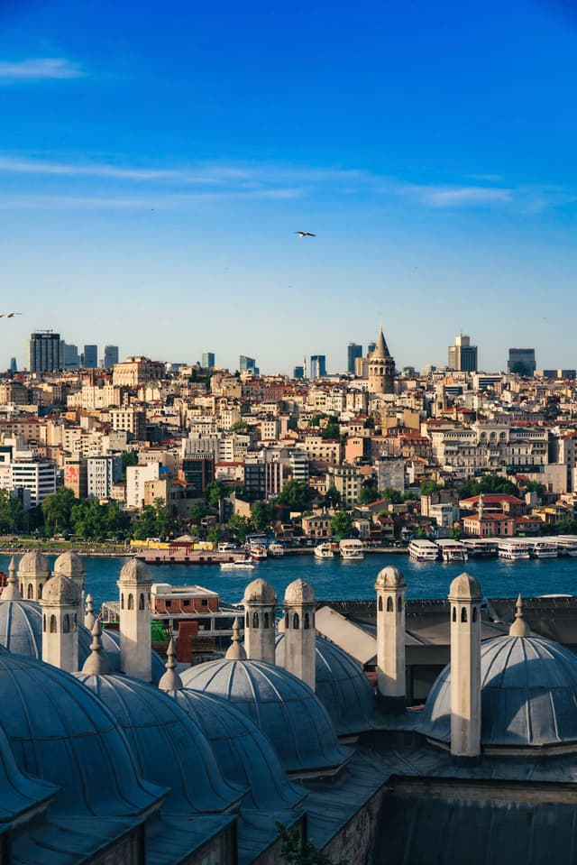 A cityscape featuring a skyline with a mix of modern and historic architecture, a river in the foreground, and a clear blue sky with a few birds flying