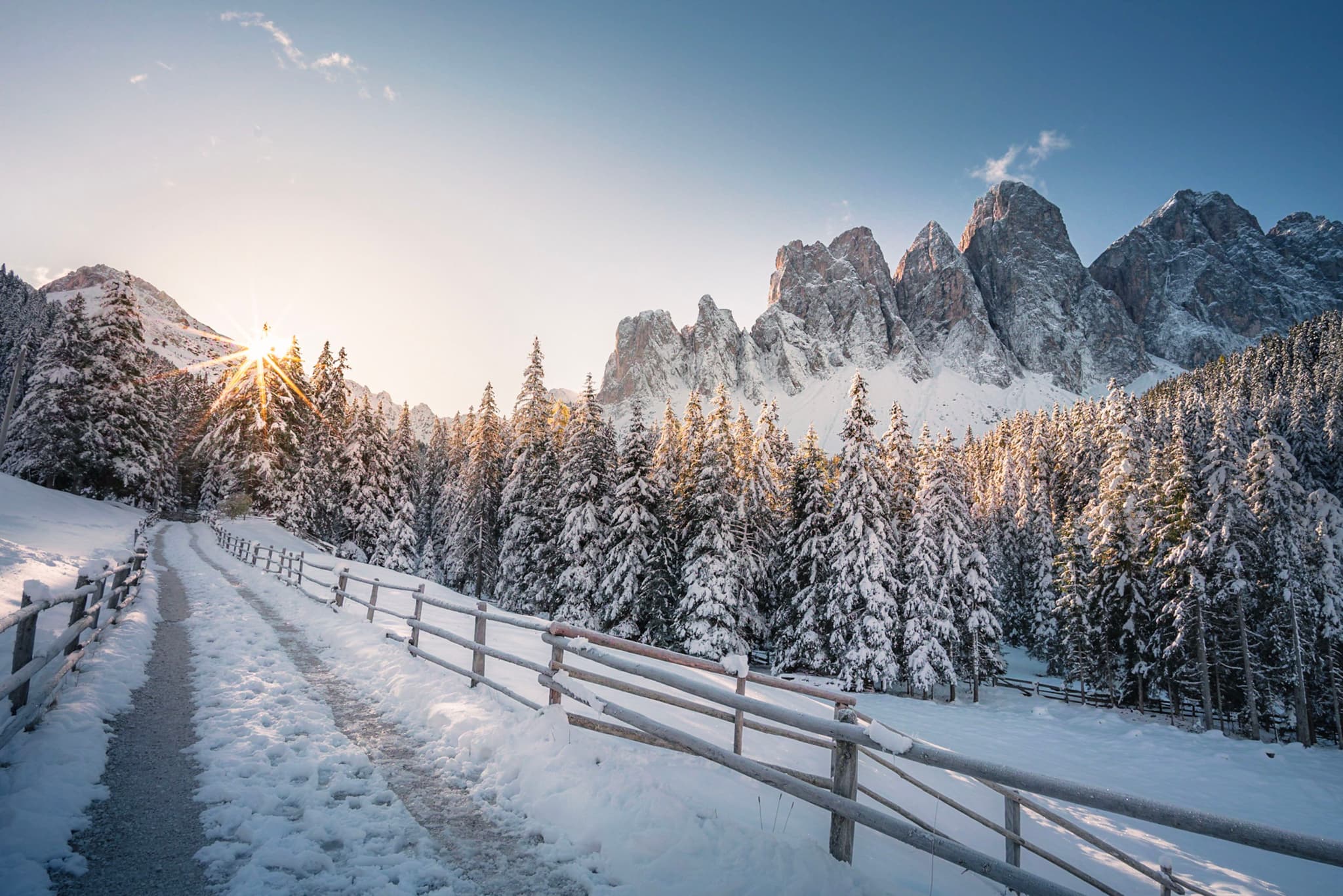 Snow-covered path with wooden fence leading through a forest of frosted trees toward jagged mountains at sunrise