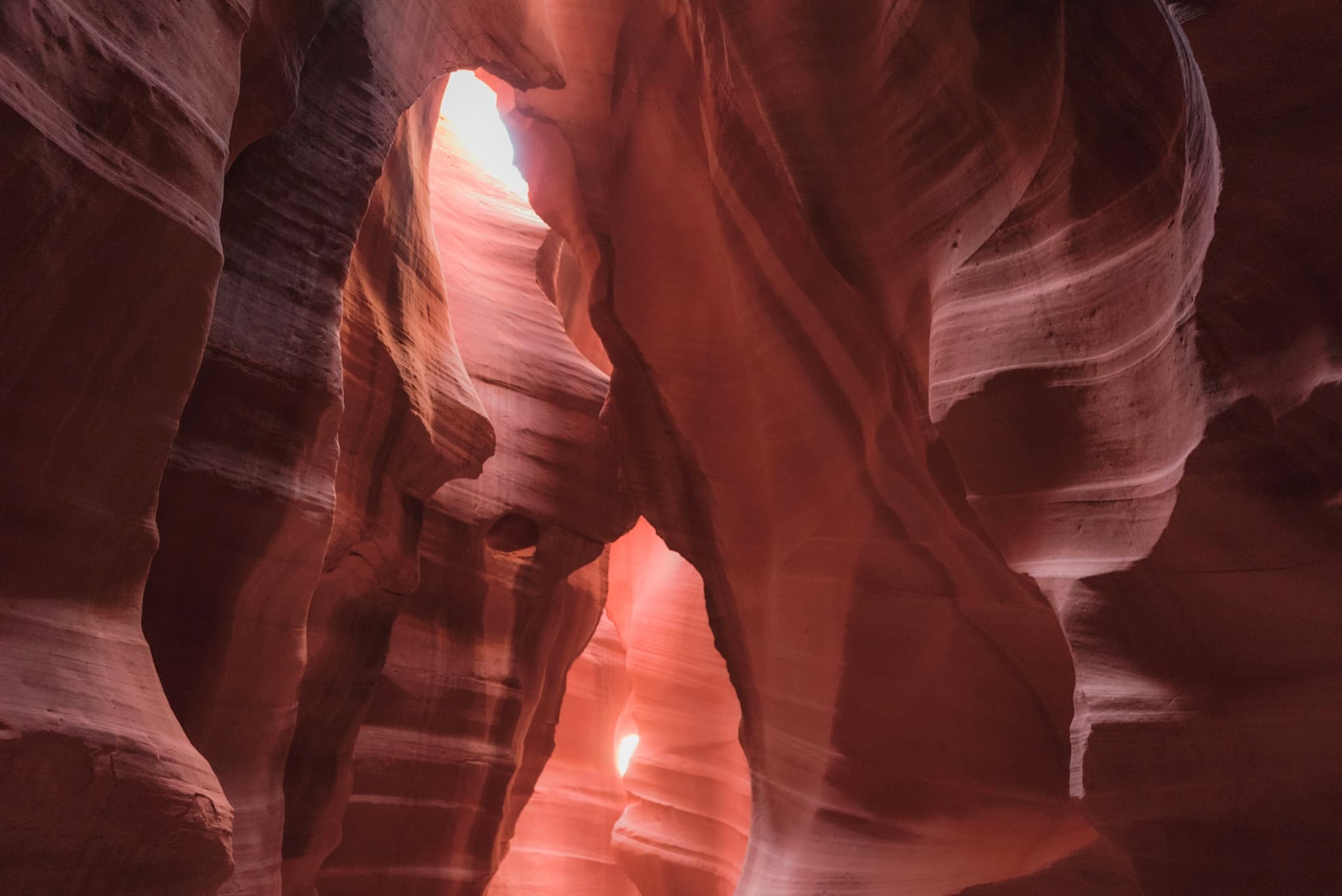 A narrow slot canyon with smooth, flowing red rock formations and light streaming in from above