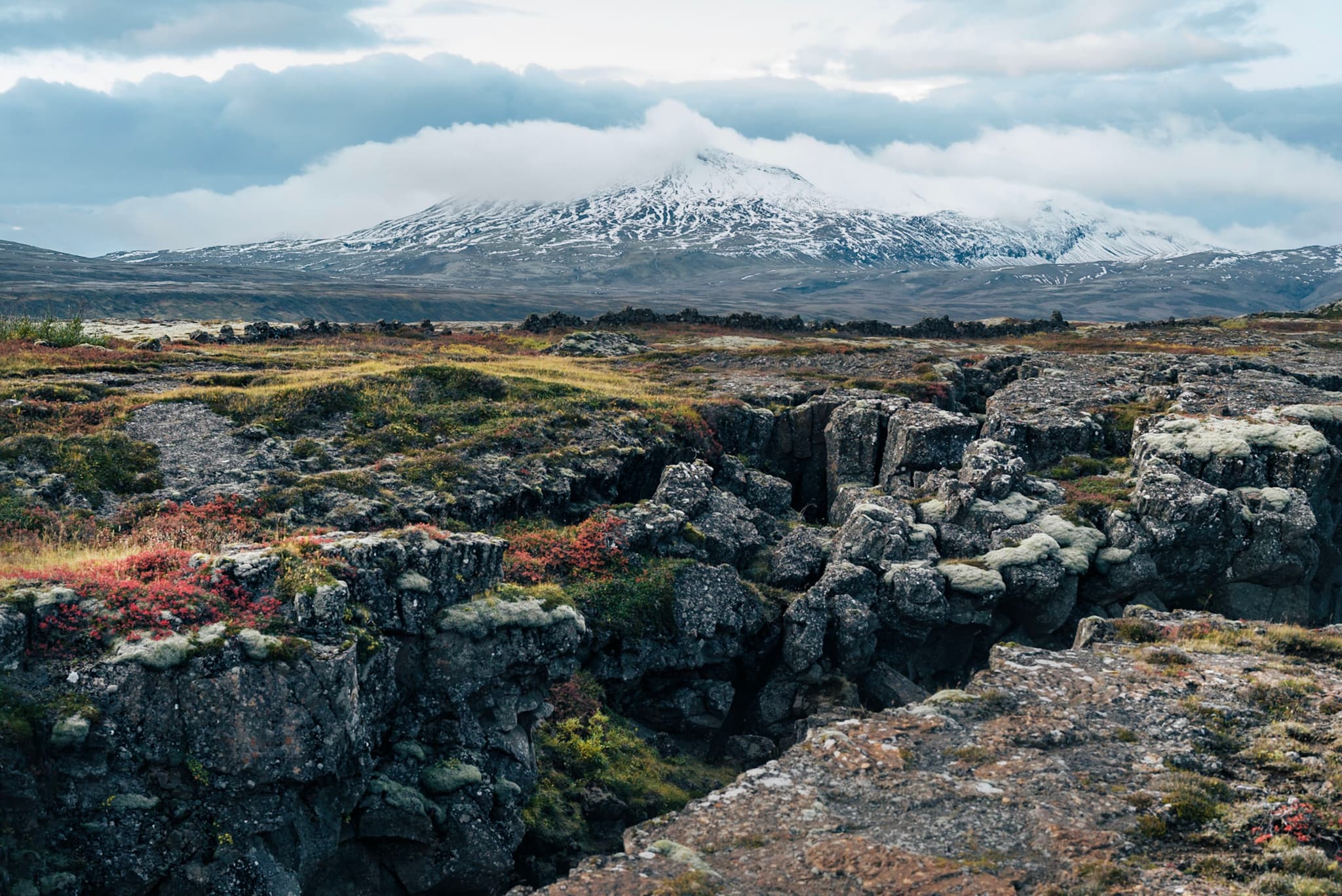Rocky canyon with colorful mossy ground leading toward a distant snowcapped mountain under a cloudy sky