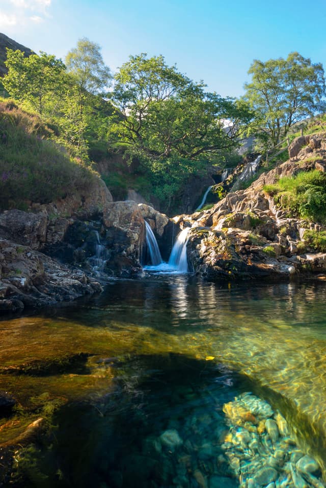 Clear pool with visible stones at the bottom, fed by a small waterfall flowing between rocky banks and surrounded by green trees under a bright blue sky
