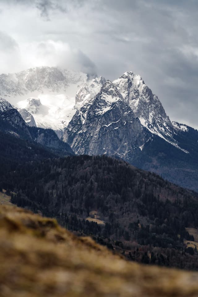 Snow-dusted jagged mountain peaks rising above dark forested slopes under a cloudy sky